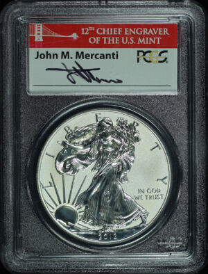Obverse of this 2012-S Silver Eagle 75th Anniversary SF Mint Set PCGS PR-69 Reverse Proof John M. Mercanti Signature Label