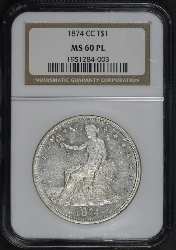 Obverse of this 1874-CC Trade Dollar NGC MS-60 PL