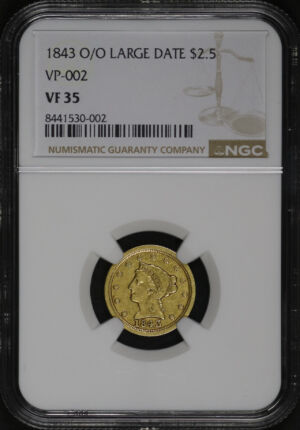 Obverse of this 1843-O/O Large Date VP-002 Liberty Head $2.5 NGC VF-35