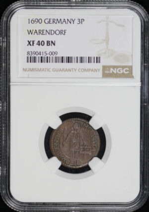 Obverse of this 1690 Warendorf, Germany 3P NGC XF-40 BN