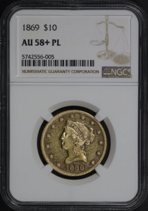 Obverse of this 1869 Liberty Head $10 NGC AU-58+ PL