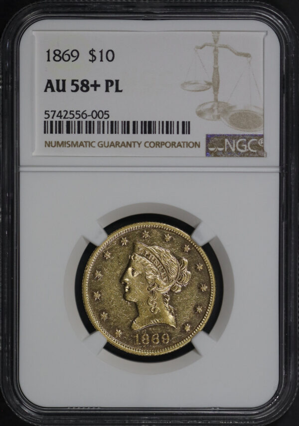 Obverse of this 1869 Liberty Head $10 NGC AU-58+ PL