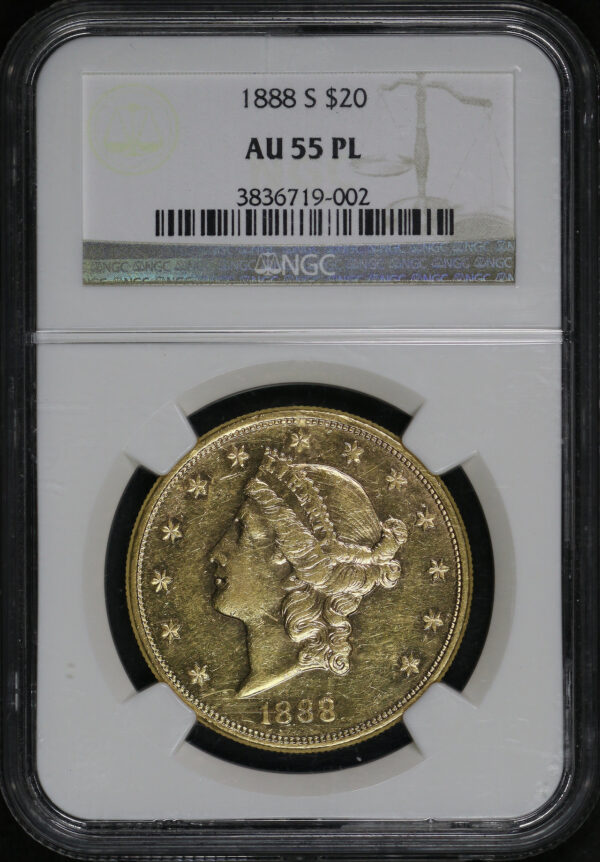 Obverse of this 1888-S Liberty Head $20 Type 3 NGC AU-55 PL