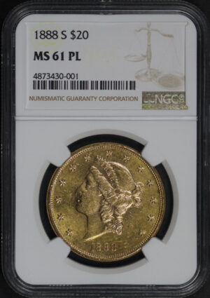 Obverse of this 1888-S Liberty Head $20 Type 3 NGC MS-61 PL