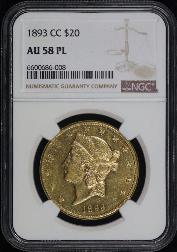 Obverse of this 1893-CC Liberty Head $20 Type 3 NGC AU-58 PL