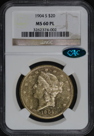 Obverse of this 1904-S Liberty Head $20 Type 3 NGC MS-60 PL CAC