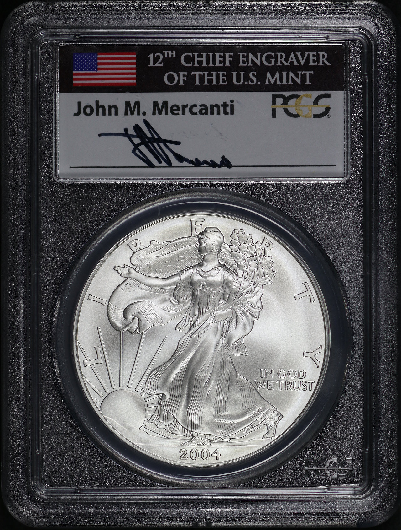 Obverse of this 2004 Silver Eagle PCGS MS-70 John M. Mercanti Signature First Strike