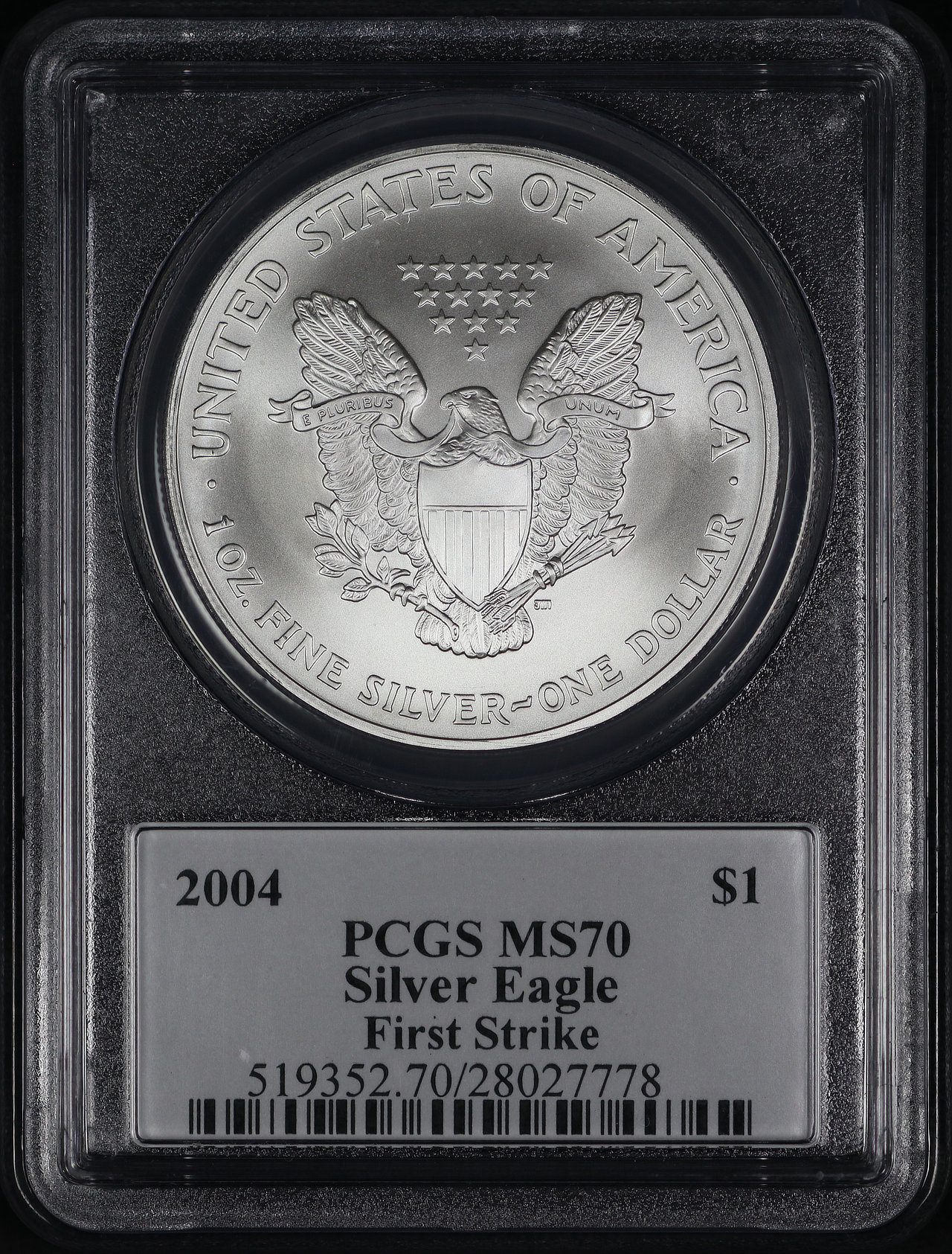 Reverse of this 2004 Silver Eagle PCGS MS-70 John M. Mercanti Signature First Strike.