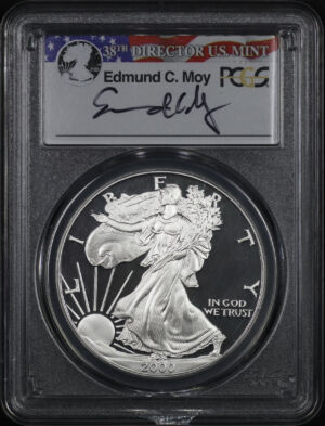 Obverse of this 2000-P Silver Eagle PCGS PR-69 DCAM Edmund C. Moy Signature.