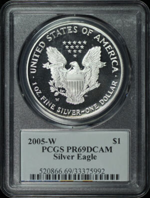 Obverse of this 2005-W Silver Eagle PCGS PR-69 DCAM Edmund C. Moy Signature Label