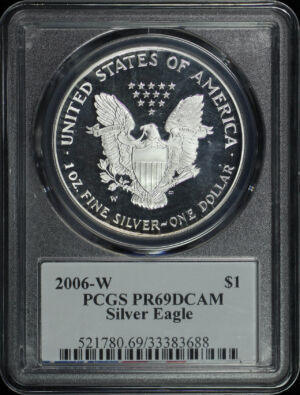 Obverse of this 2006-W Silver Eagle PCGS PR-69 DCAM Edmund C. Moy Signature Label