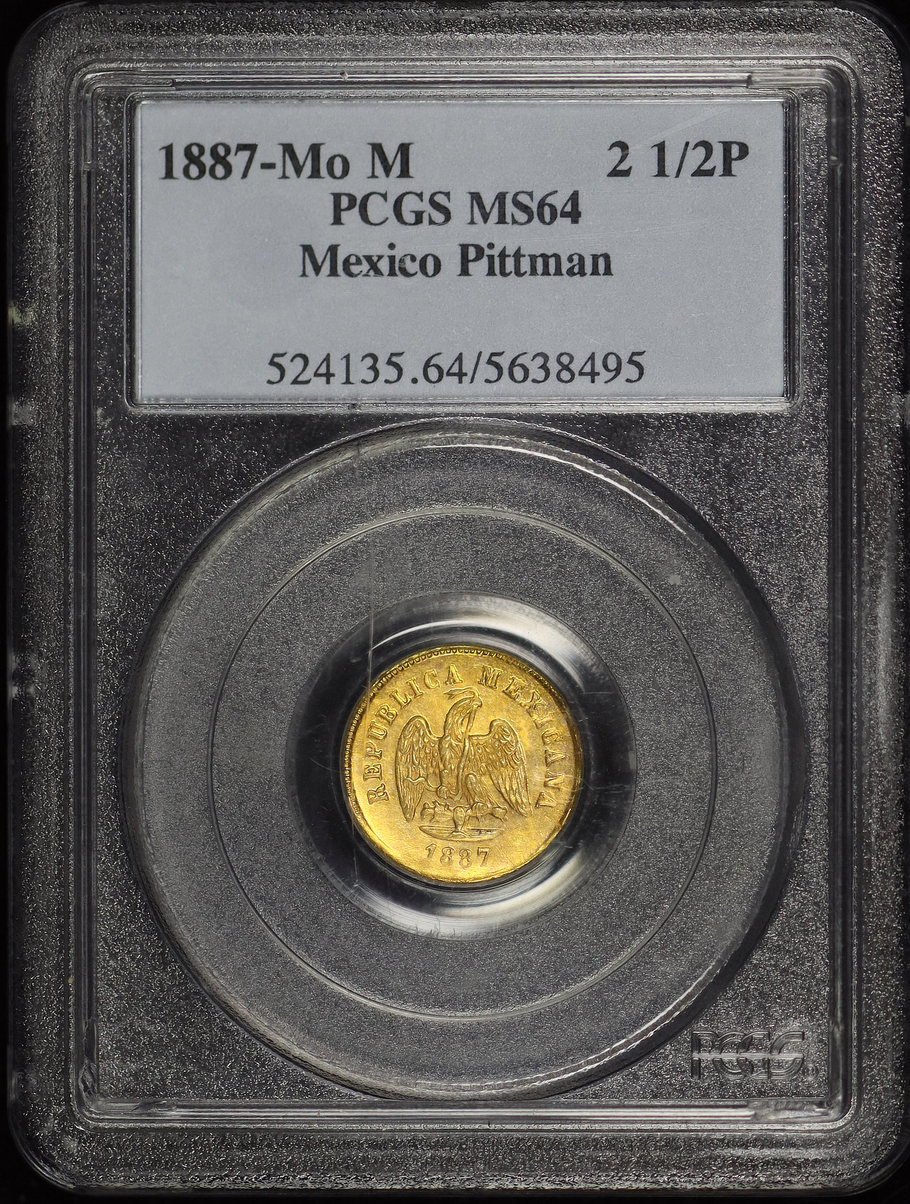 Obverse of this 1887-Mo M Mexico Pittman 2-1/2 Peso PCGS MS-64