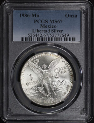 Obverse of this 1986-Mo Mexico Silver Libertad Onza PCGS MS-67