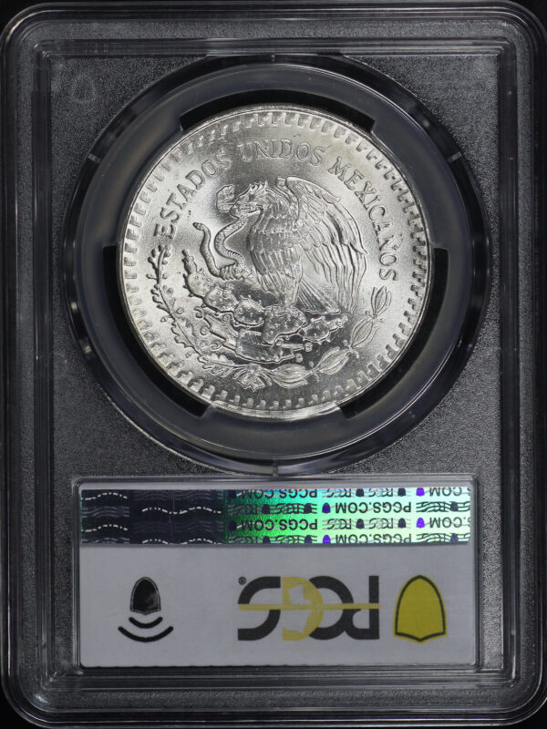 Reverse of this 1986-Mo Mexico Silver Libertad Onza PCGS MS-67
