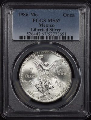 Obverse of this 1986-Mo Mexico Silver Libertad Onza Libertad Silver PCGS MS-67