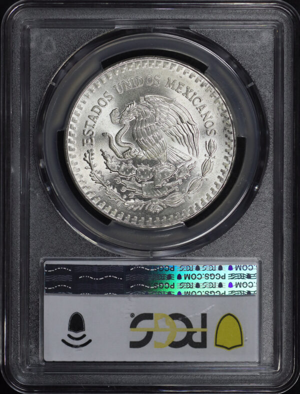 Reverse of this 1986-Mo Mexico Silver Libertad Onza Libertad Silver PCGS MS-67