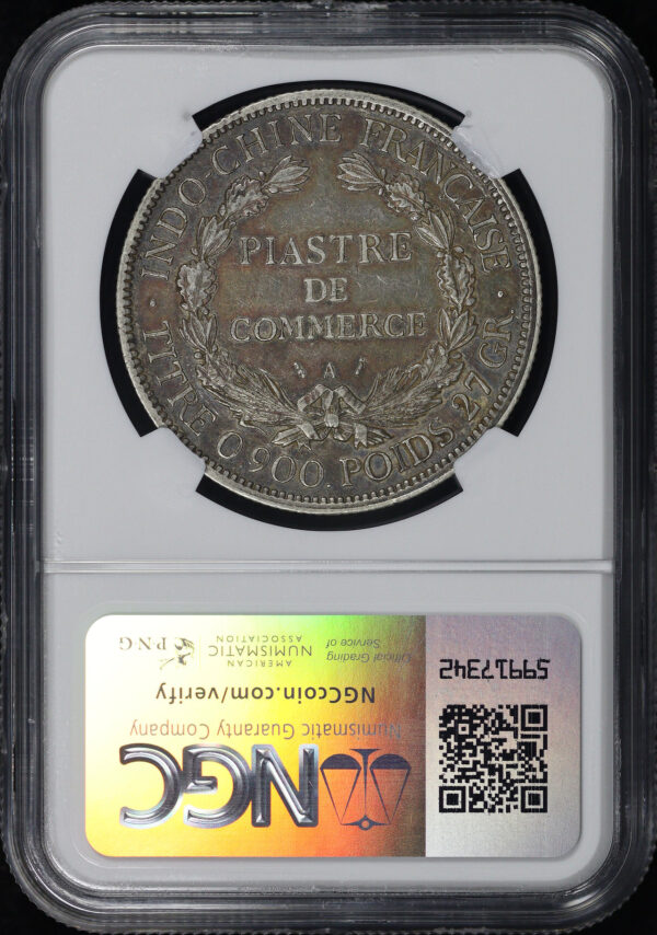 Reverse of this 1896A French Indo-China Silver 1 Piastre NGC XF-45