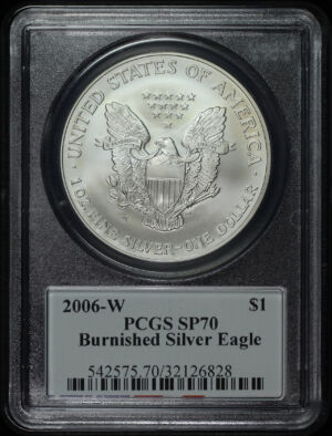 Obverse of this 2006-W Burnished Silver Eagle PCGS SP-70 Edmund C Moy Signature