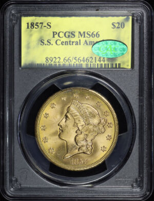 Obverse of this 1857-S Liberty Head $20 Type 1 PCGS MS-66 CAC S.S. Central America Shipwreck Gold Foil Label