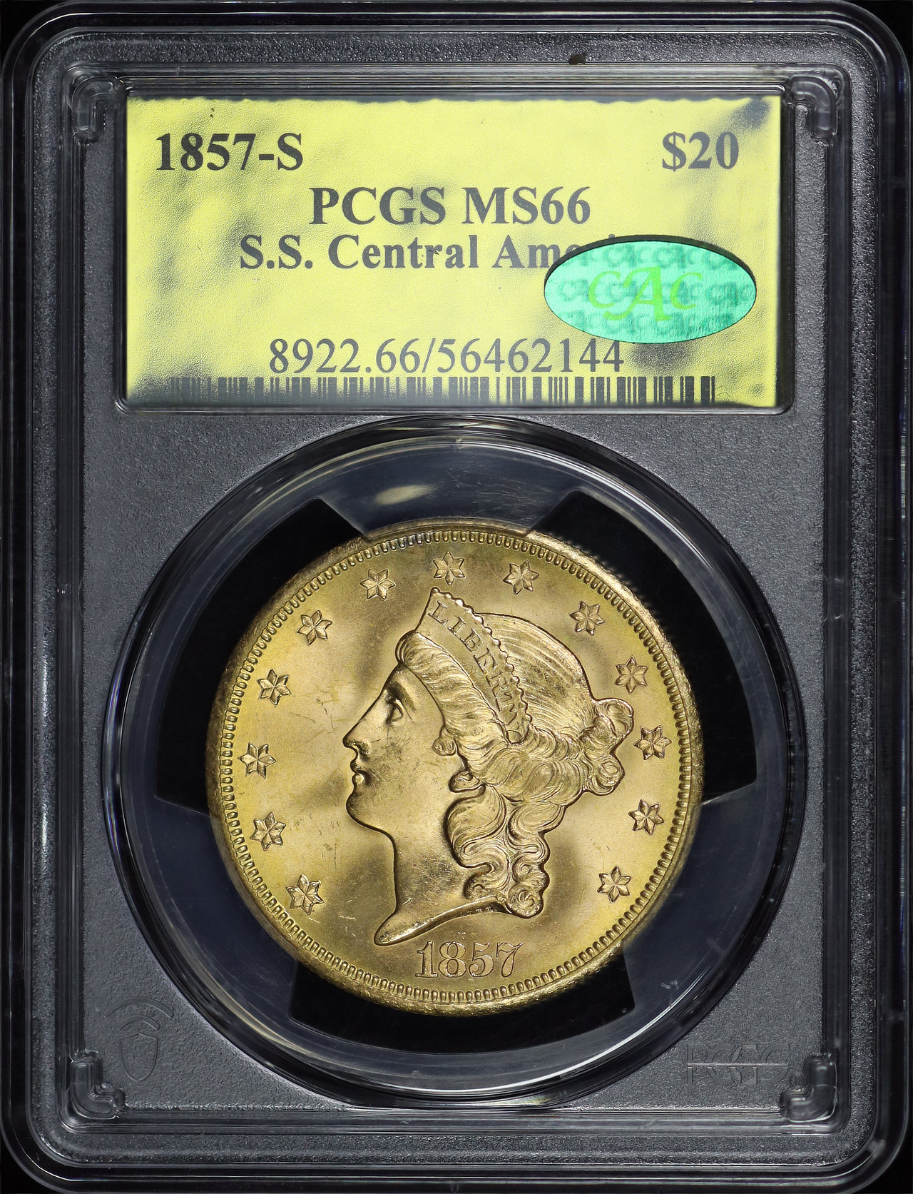 Obverse of this 1857-S Liberty Head $20 Type 1 PCGS MS-66 CAC S.S. Central America Shipwreck Gold Foil Label