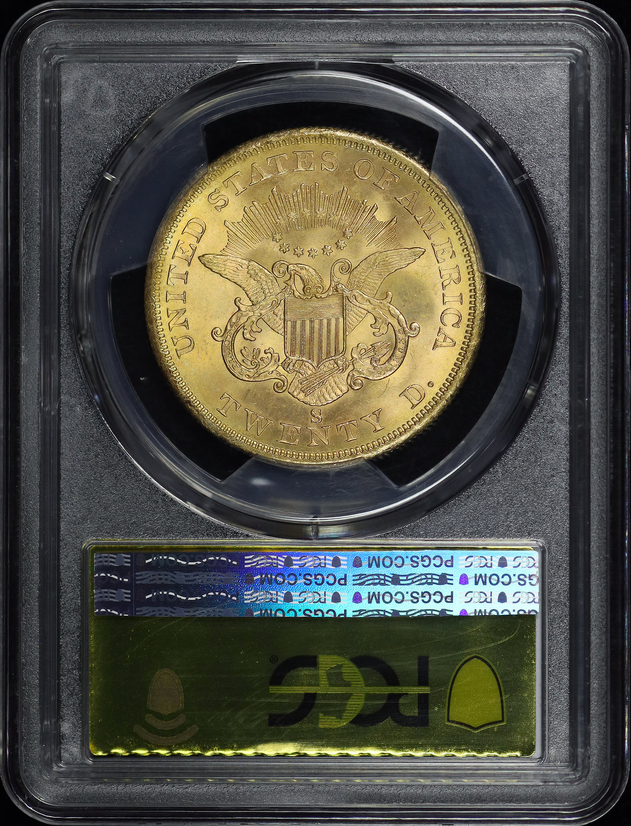 Reverse of this 1857-S Liberty Head $20 Type 1 PCGS MS-66 CAC S.S. Central America Shipwreck Gold Foil Label