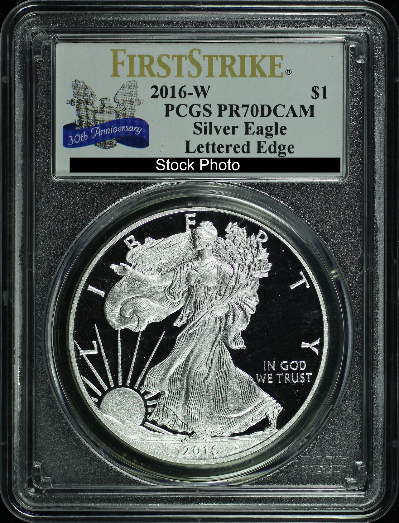 Obverse of this 2016-W Silver Eagle 30th Anniversary Lettered Edge PCGS PR-70 DCAM First Strike