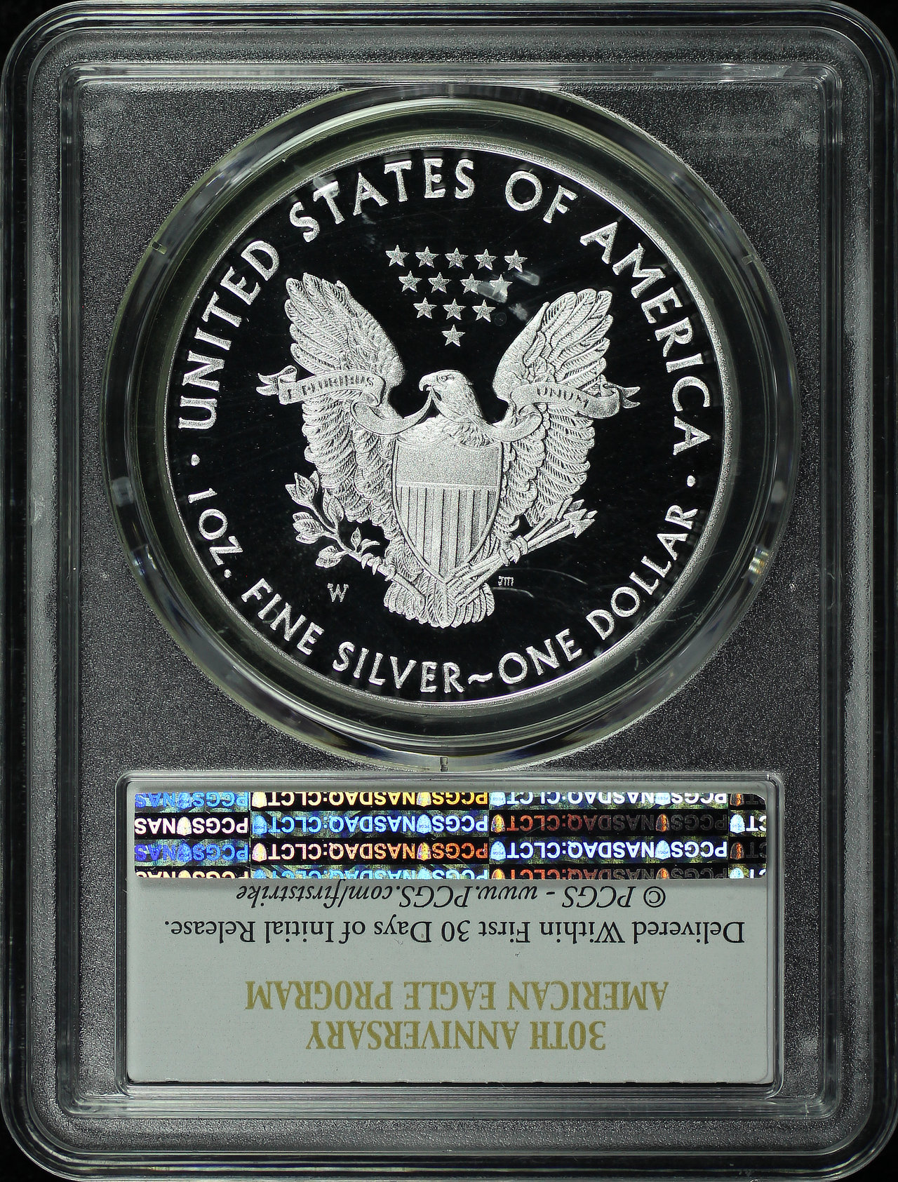Reverse of this 2016-W Silver Eagle 30th Anniversary Lettered Edge PCGS PR-70 DCAM First Strike
