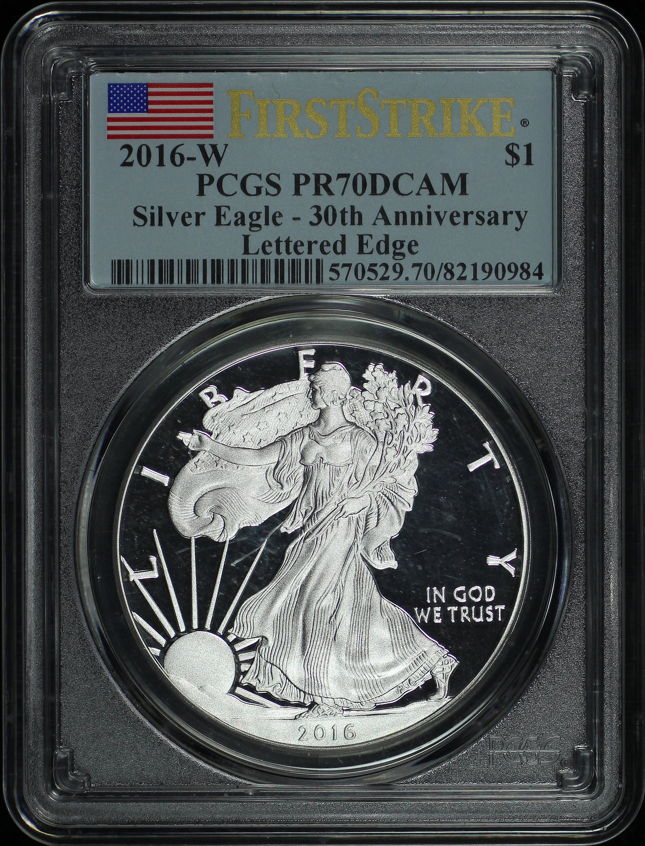 Obverse of this 2016-W Silver Eagle 30th Anniversary Lettered Edge PCGS PR-70 DCAM First Strike