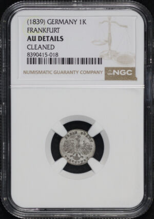 Obverse of this (1839) German States Frankfurt Silver 1 Kreuzer KM#317 NGC AU Details Cleaned