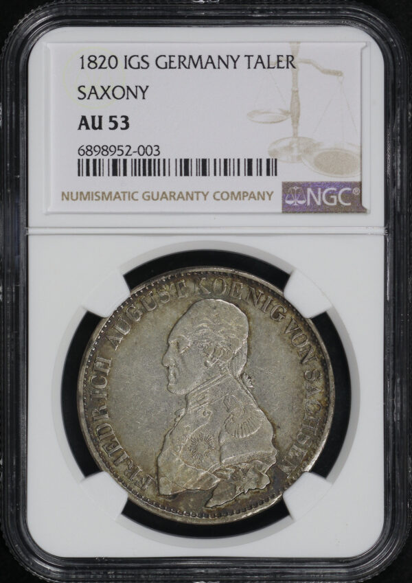 Obverse of this 1820 IGS German States Saxony Silver Thaler KM#1077 NGC AU-53