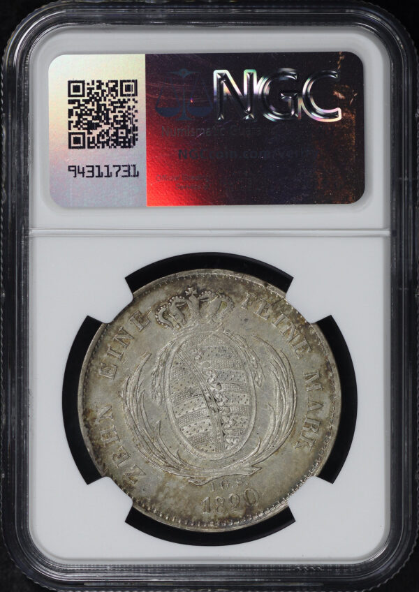 Reverse of this 1820 IGS German States Saxony Silver Thaler KM#1077 NGC AU-53