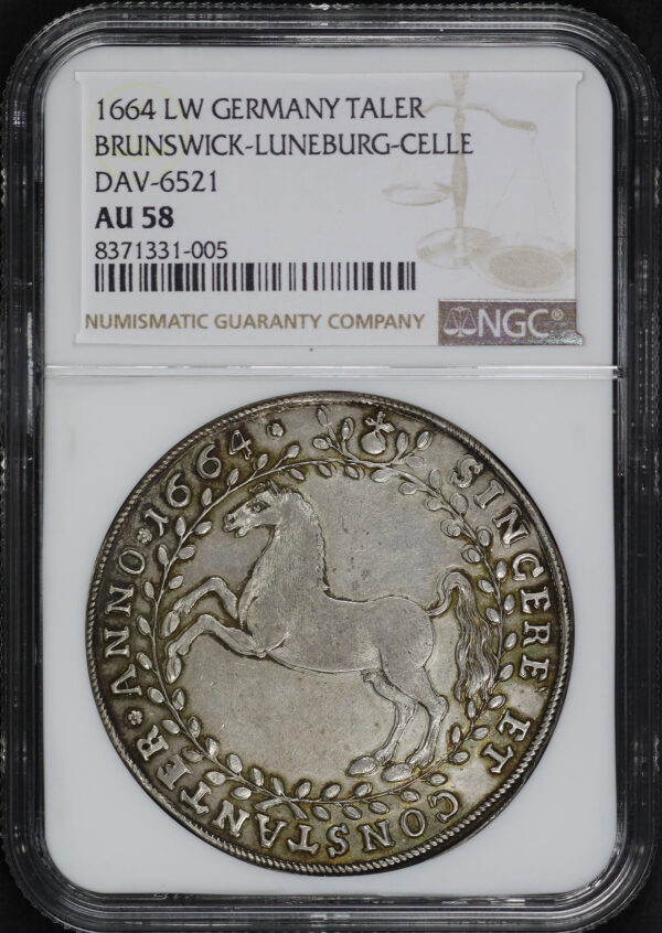 Obverse of this 1664 LW Germany  Taler Brunswick-Luneburg-Celle Dav-6521 NGC AU-58