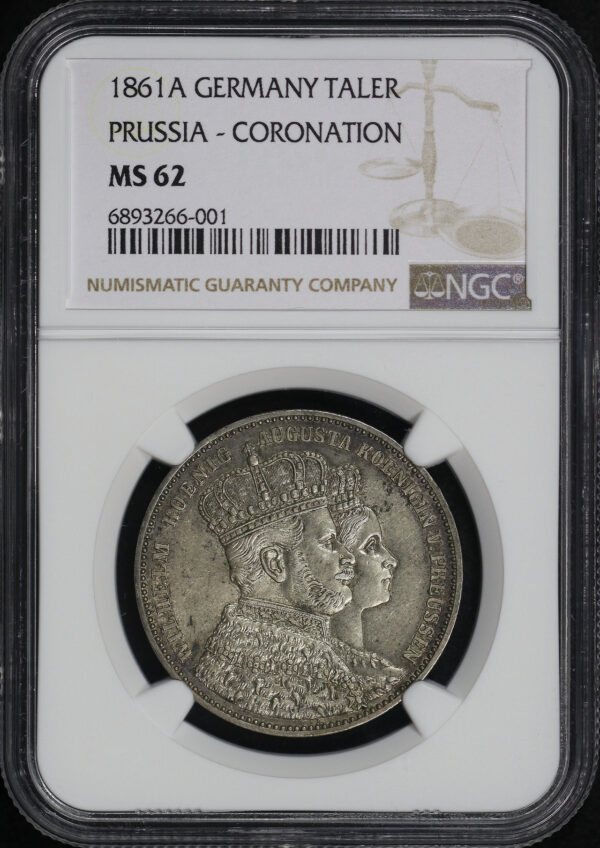 Obverse of this 1861A German States Prussia Silver Coronation Thaler KM#488 NGC MS-62