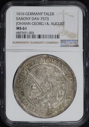 Obverse of this 1616 Germany Taler Saxony Dav 7573 Johann Georg I & August NGC MS-61