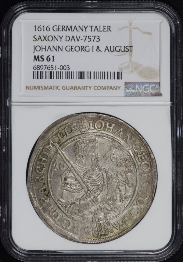 Obverse of this 1616 Germany Taler Saxony Dav 7573 Johann Georg I & August NGC MS-61
