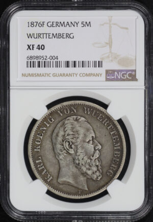 Obverse of this 1876F German States Wurttemberg Silver 5 Marks KM#623 NGC XF-40
