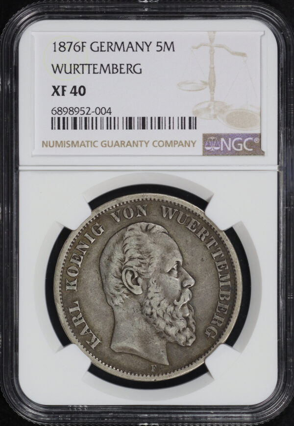 Obverse of this 1876F German States Wurttemberg Silver 5 Marks KM#623 NGC XF-40