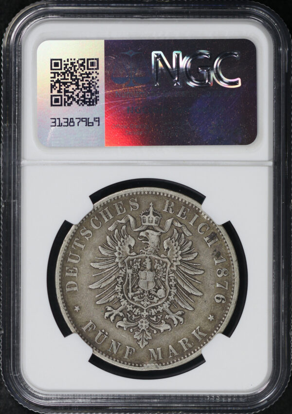 Reverse of this 1876F German States Wurttemberg Silver 5 Marks KM#623 NGC XF-40