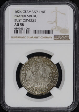 Obverse of this 1624 Germany  1/4T Brandenburg Bust Obverse NGC AU-58