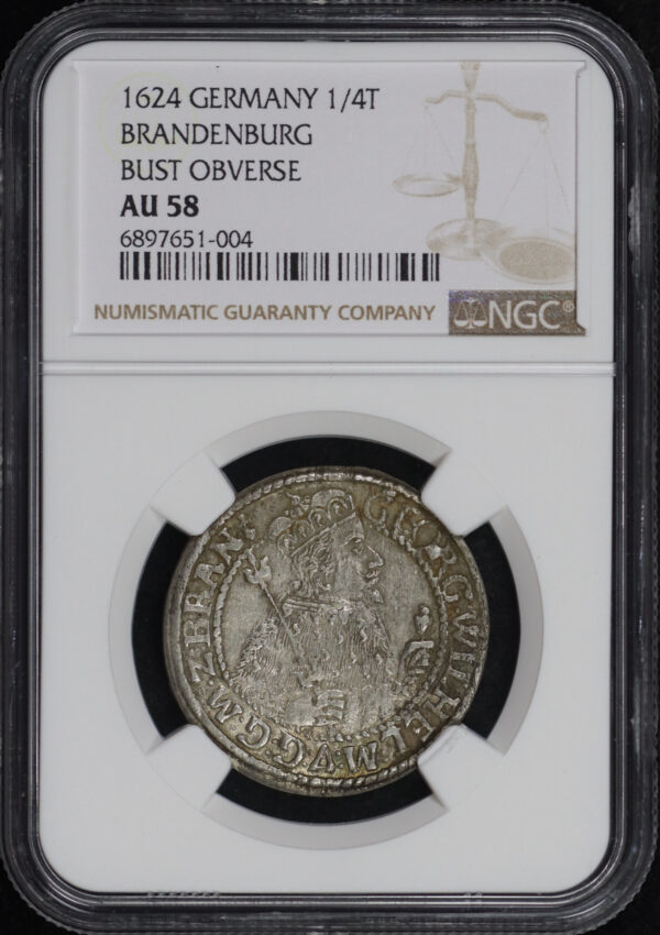 Obverse of this 1624 Germany  1/4T Brandenburg Bust Obverse NGC AU-58