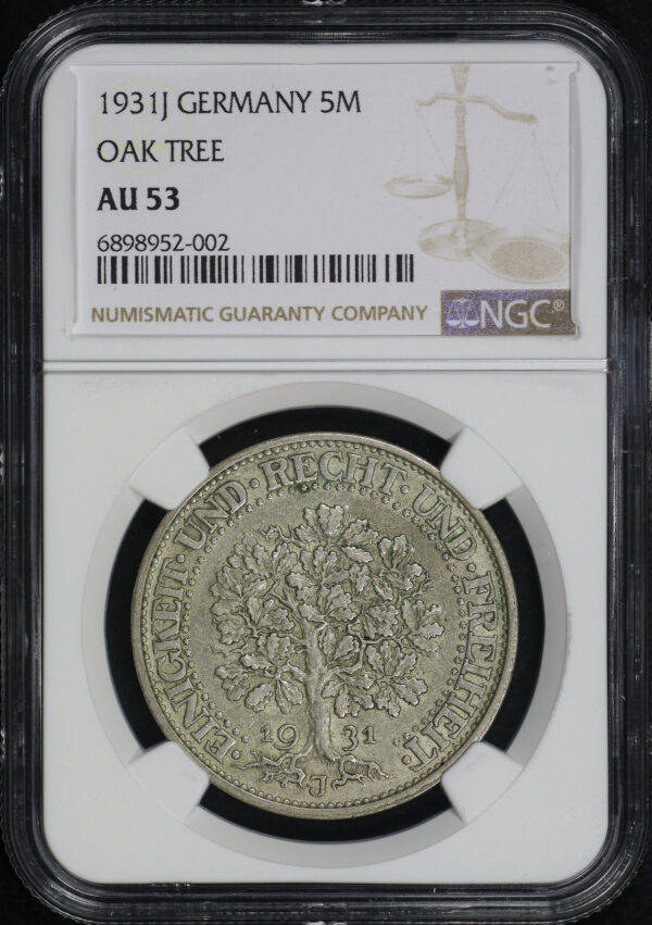 Obverse of this 1931J Germany Weimar Republic Silver 5 Reichsmark KM#56 NGC AU-53