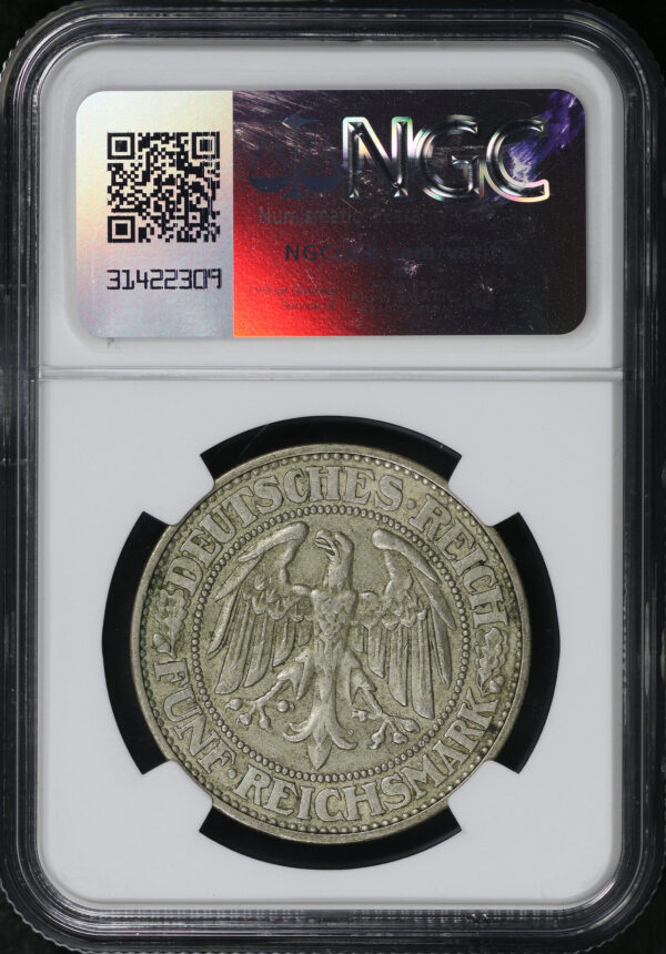 Reverse of this 1931J Germany Weimar Republic Silver 5 Reichsmark KM#56 NGC AU-53