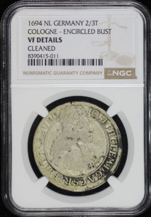 Obverse of this 1694 Nl Cologne, Germany Encircled Bust 2/3T NGC VF Details Cleaned