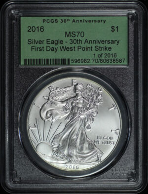Obverse of this 2016 Silver Eagle 30th Anniversary PCGS MS-70 First Day West Point Strike 1 of 2016