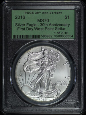 Obverse of this 2016 Silver Eagle 30th Anniversary PCGS MS-70 First Day West Point Strike 1 of 2016