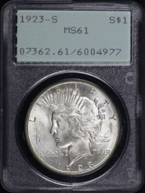 Obverse of this 1923-S Peace Dollar PCGS MS-61 Old Green Rattler Holder