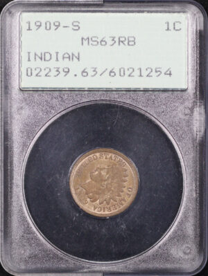 Obverse of this 1909-S Indian Cent PCGS MS-63 RB Old Green Rattle Holder