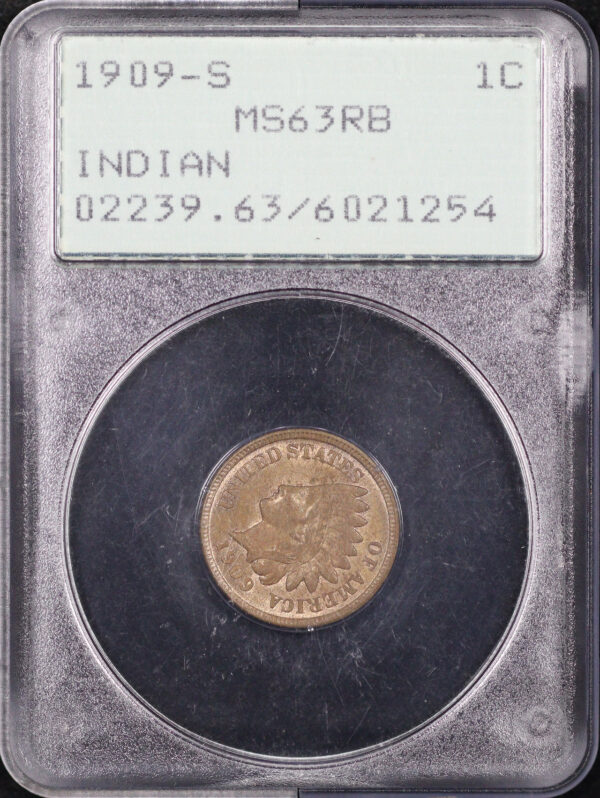 Obverse of this 1909-S Indian Cent PCGS MS-63 RB Old Green Rattle Holder