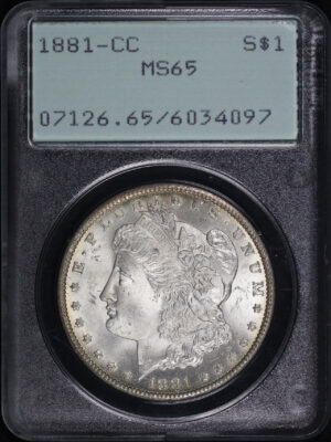 Obverse of this 1881-CC Morgan Dollar PCGS MS-65 Old Green Rattle Holder