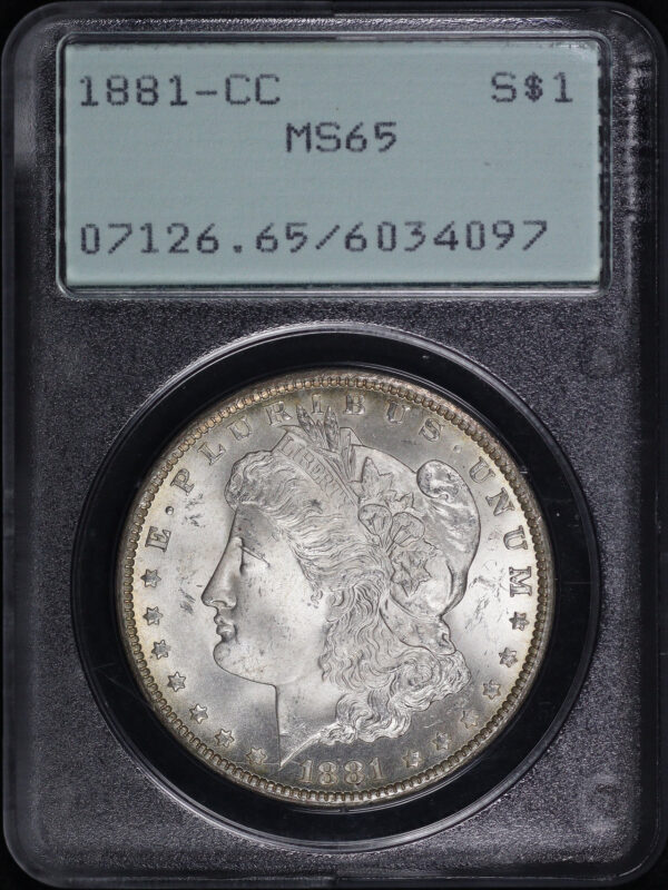 Obverse of this 1881-CC Morgan Dollar PCGS MS-65 Old Green Rattle Holder